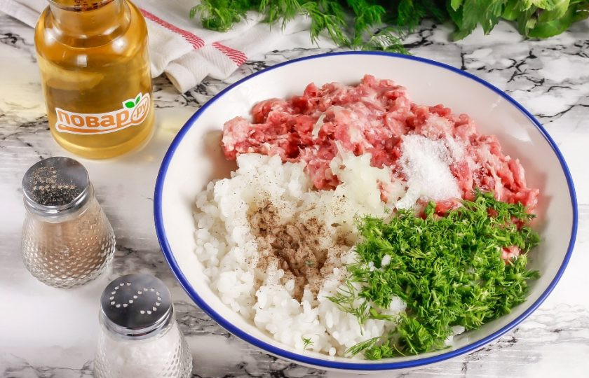 1. Этап. Долма с мятным соусом: Выложите мясной фарш в глубокую емкость, добавьте отварной рис, измельченный промытый укроп или петрушку, соль и молотый черный перец. Натрите половину луковицы на терке с мелкими ячейками.