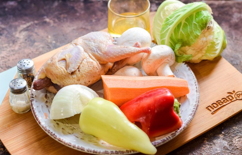 1. Этап. Перепелка с овощами в духовке: Подготовьте ингредиенты. Духовку прогрейте до 180 градусов.