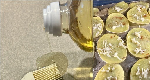 1. Этап. Картофельная яичница с авокадо и лососем: Застелил противень пергаментом и слегка смазал его растительным маслом. По слайсам, выложив их на пергамент, тоже кисточкой сверху маслом прошелся. Слегка так. Почти намёком, по художественному выражаясь, обозначил маслица. Соли совсем немножко взял. Больше, наверное, из чувства традиции, чем по необходимости. Солить эту яичницу, в общем то, и не надо. Рыба впереди солёная. Ну а перца из мельницы и копченой паприки – по вкусу надо добавить, я считаю. Лучше тоже не перебарщивать. Можно слегка присыпать тёртым сырм. И противень в прогретую духовку. Двести двадцать градусов. Семь, максимум, восемь минут. Хотите похрустывания? Пусть десять постоит. Больше не надо, а что чипсы получите.