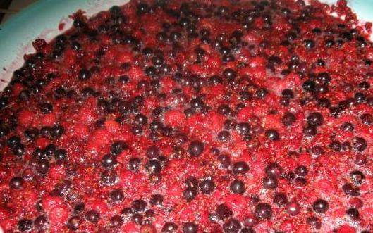 1. Этап. Варенье из смородины с малиной: Ставим таз с ягодами на средний огонь и доводим до кипения, варим 10 минут, помешивая.