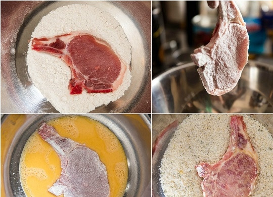 1. Этап. Отбивная на кости: 2. В глубокой мисочке взбейте яйца, в отдельную всыпьте муку. В третьей мисочке соедините сухари, тертый сыр, зелень. Обваляйте отбивную в муке, обмакните в яйцо, выложите в сухари.