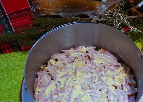 1. Этап. Слоёный салат Рождественское небо: Смазать соусом.