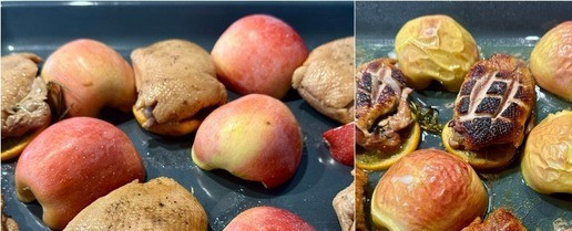 1. Этап. Утиные грудки: су-вид, духовка и брусника: А потом – на противень. С яблоком. Если есть антоновка – то лучше, конечно, не придумаешь. И, хотя сейчас самое время именно для антоновки, в наших краях, увы этих яблок просто нету. От слова «совсем». Кожу на грудках можно надрезать. И в духовку. Оптимально – двести градусов, режим «активная конвекция». Чтобы подрумянилось.