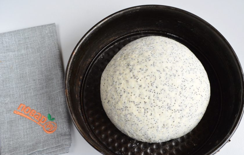 1. Этап. Хлеб с маком: 5. Осадите тесто руками. Подмесите немного, для этого притрусите стол мукой, тесто не липнет, оно упругое и приятное. Смажьте форму растительным маслом. Положите тесто и поставьте в духовку теплую на 30 минут для расстойки.