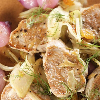 Pork Tenderloin with Sweet and Sour Onions, Golden Raisins, and Capers