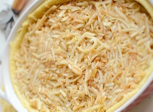 1. Этап. Именинный пирог: Раскатайте одну часть теста и выложите ее в форму для запекания. Затем наколите ее вилочкой в нескольких местах, выложите в форму начинку.