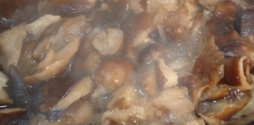 1. Этап. Индейка, тушенная с грибами: Перекладываем мясо в мультиварку, сверху засыпаем грибы (предварительно размороженные).