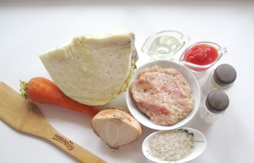 1. Этап. Ленивые голубцы как в столовой: Подготовьте ингредиенты для приготовления ленивых голубцов.