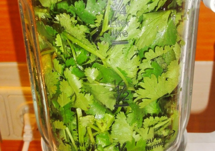 1. Этап. Абхазская аджика: Свежую зелень тоже измельчаем в блендере и соединяем с перцем.