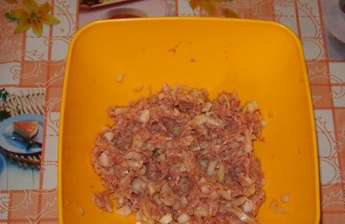 1. Этап. Начинка для беляшей: Фарш перемешайте с луком, солью и перцем. Начинка готова!