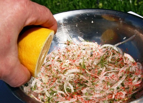 1. Этап. Казан-кебаб: Важным гарниром, а скорее даже - неотъемлемой частью казан-кебаба является лук. Лук необходимо нарезать тонкими кольцами или полукольцами, приправить красным молотым перцем, рубленой зеленью и небольшим количеством лимонного сока. Перемешиваем и оставляем.