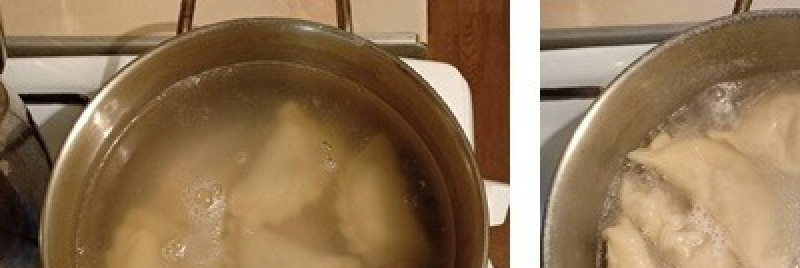 1. Этап. Вареники с мясом и картофелем: На сильный огонь поставить кастрюлю с водой, дать закипеть и посолить по вкусу. Закинуть вареники, время от времени мешая их, чтобы не прилипли. Когда они всплывут, убавить огонь до среднего и варить 7 - 10мин.