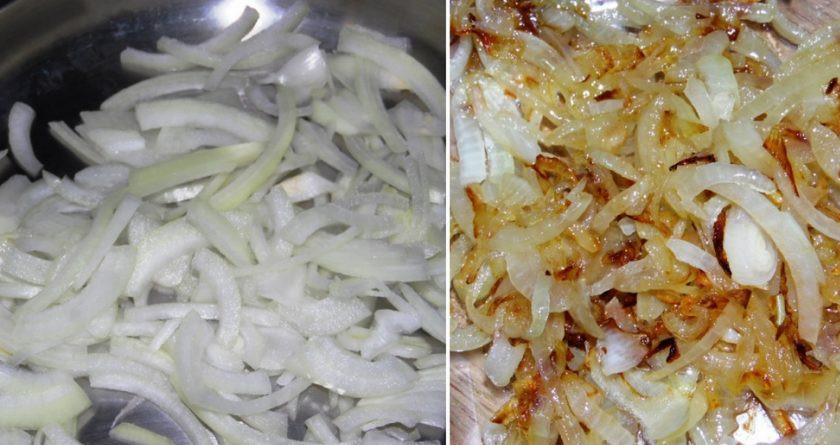 1. Этап. Салат из маринованной морской капусты: 1. Лук режем полукольцами и обжариваем на растительном масле до золотистого цвета.