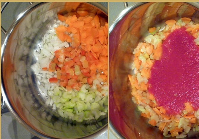 1. Этап. Суп из сома: Теперь займёмся основными ингредиентами. Почистите морковь, репчатый лук, болгарский перец. Выложите в пустую кастрюлю (можете использовать мытую кастрюлю от первого бульона), и потушите на оливковом масле. Пока овощи тушаться, почистите картофель, нарежьте и добавьте к тушёным овощам. Туда же добавьте томатное пюре и промытый рис.