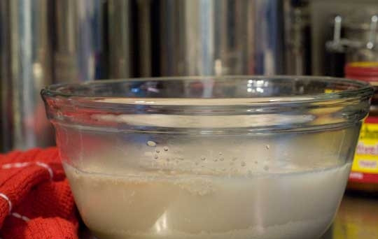 1. Этап. Французский багет в духовке: Приготовление начните с опары. В миске перемешайте дрожжи с сахаром и водой.