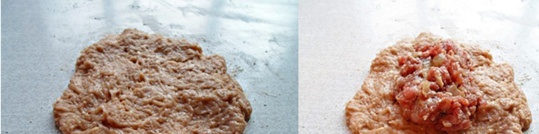 1. Этап. Колдуны с мясом: Приступим к лепке колдунов. Выложите небольшую лепешку на стол. В центр добавляем мясную начинку.