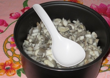 1. Этап. Вешенки с картошкой в сметане: Вешенки помоем и нарежем соломкой или произвольными кусочками, как вам больше нравится. Добавляем в чашу мультиварки и аккуратно перемешиваем с луком.