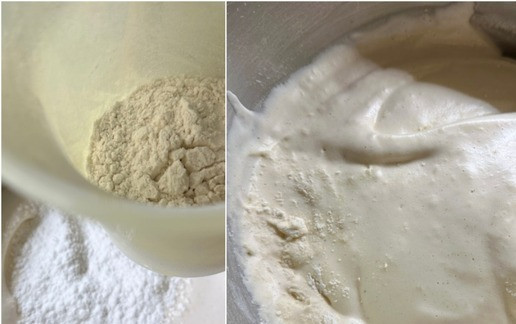 1. Этап. Яблочный рулет: Добавил в муку разрыхлитель. Половину просеял в миску со взбитой смесью. Хорошо, просто лопаткой перемешал. Без фанатизма, чтобы смесь не осела.