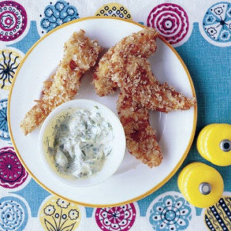 Fish Sticks Coated with Oats and Cornflakes with Hellmann's Tartar