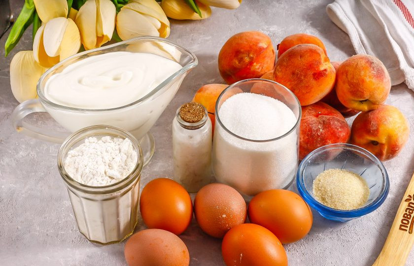 1. Этап. Муссовый торт Персик: Подготовьте указанные ингредиенты. Если куриные яйца мелкие, то используйте 5 шт., если крупные, то 3-4 шт.