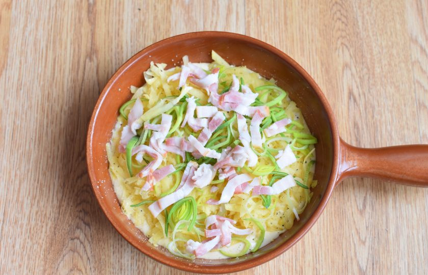 1. Этап. Пирог заливной с картошкой: Выложите картофель в форму поверх теста. Разровняйте, посолите и поперчите по вкусу. Добавьте тимьян. Сверху разложите бекон и лук.