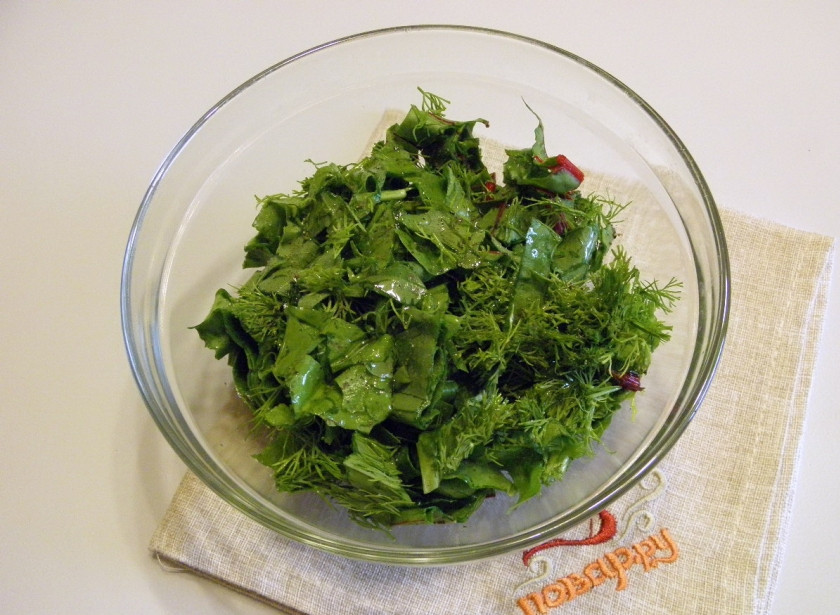 1. Этап. Салат из щавеля: 4. Порезанный щавель, укроп и мангольд сложите в глубокий салатник, добавьте по щепотке соли и перца, заправьте все оливковым маслом. Салат готов! Подавать его нужно только свежеприготовленным.