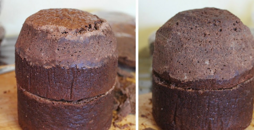 1. Этап. Торт на день рождения мальчику 4 года: На большой корж водрузите еще один такой, проложив между ними слой крема. Придайте второму коржу форму (как на фото), обрезав лишние части ножом.