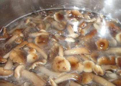 1. Этап. Маринованные опята с уксусом: Через 15-20 минут откидываем грибочки на дуршлаг, оставляем их, чтобы стекала вода, а сами займемся приготовлением маринада. В чистую кастрюлю наливаем литр воды, добавляем уксус, соль и сахар, все специи. Ставим кастрюлю с маринадом на огонь, а как только жидкость закипит, выкладываем в нее отваренные грибочки, варим опята еще минут 25-30.