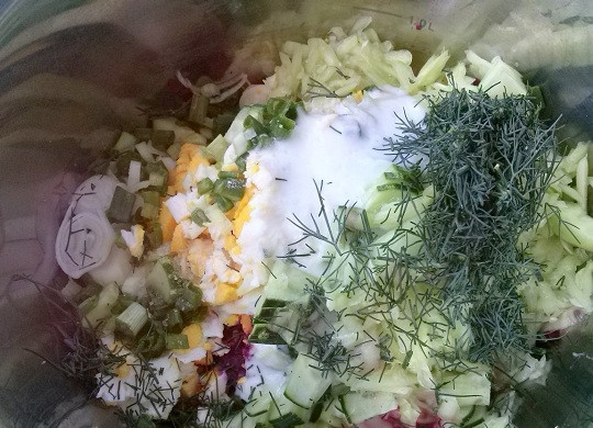 1. Этап. Литовский холодный борщ: Добавьте мелко нарезанный укроп, сметану и посолите по вкусу.