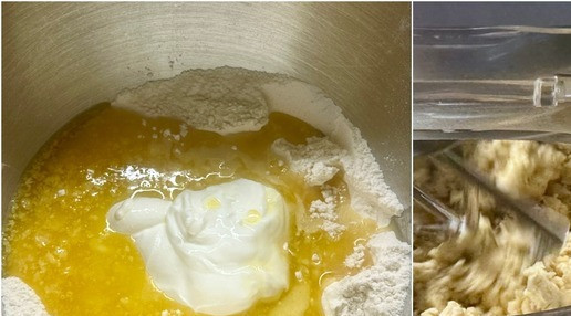 1. Этап. Тарт с клубникой и сметанной заливкой: Соединил все сухие компоненты. Перемешал. Добавил сметану и масло. Замесил тесто. В миксере все делал. Тесто получилось не слишком плотное, но и не разваливающееся. Потом, когда уже тесто было собрано «в комок» немного его помял, в ладошках покатал.