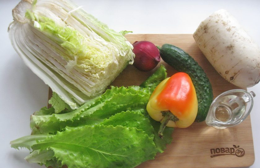 1. Этап. Постный салат из пекинской капусты: Подготовьте ингредиенты для приготовления салата.