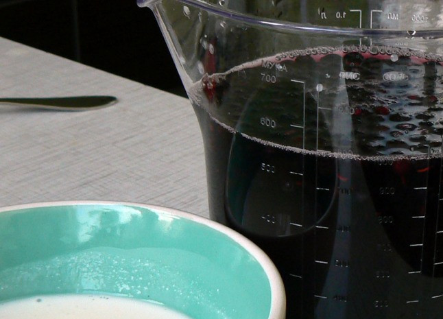 1. Этап. Черничный пудинг: Растворите желатин в воде, добавьте оставшийся сахар. Отлейте в отдельную посуду 3 столовых ложки раствора и смешайте его с ложкой сметаны. В остальной раствор засыпьте ягоды.