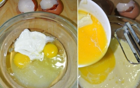 1. Этап. Пирог сметанный домашний: 1. С процессом приготовления все действительно довольно просто. Сперва включите духовку, пусть она разогревается до 180 градусов. В глубокой мисочке соедините яйца с сахаром. Добавьте сметану, взбейте до однородности. Влейте растопленное сливочное масло.