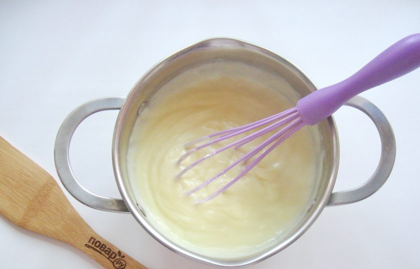 1. Этап. Пончики Бомболони: Когда молоко начнет закипать, влейте в него смесь желтков, сахара и крахмала. Постоянно перемешивая, доведите крем до загустения. Всыпьте ванильный сахар и охладите крем.