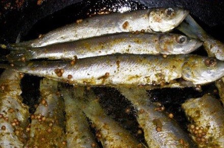 1. Этап. Салака жареная: На сковороду наливаем оливковое масло, хорошенько нагреваем и выкладываем салаку. Обжариваем с двух сторон до золотистого цвета, выкладываем на тарелку, украсив зеленью, и подаем к столу.