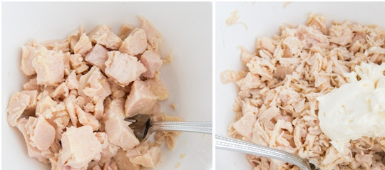 1. Этап. Бутерброды с консервированной курицей: Курицу измельчить и добавить майонез.