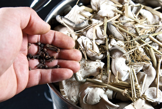 1. Этап. Маринованные вешенки с лимонной кислотой: 2. Засыпаем подготовленные грибы в большую кастрюлю, добавим укроп, перец и гвоздику.