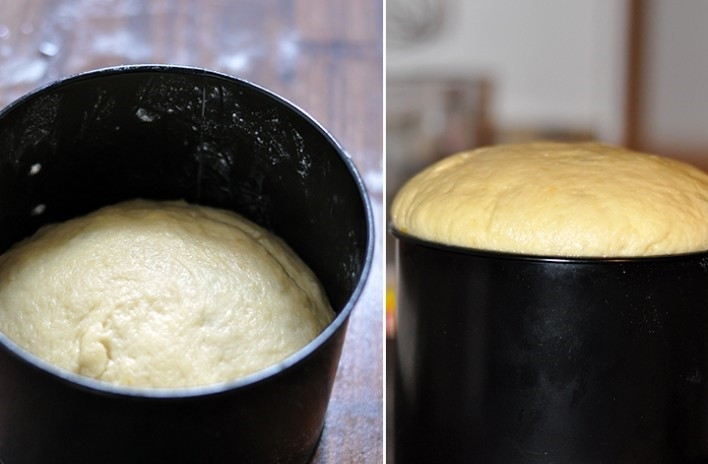 1. Этап. Заварной кулич: 15. Наполните формы тестом примерно на 2/3 и оставьте на столе подходить.