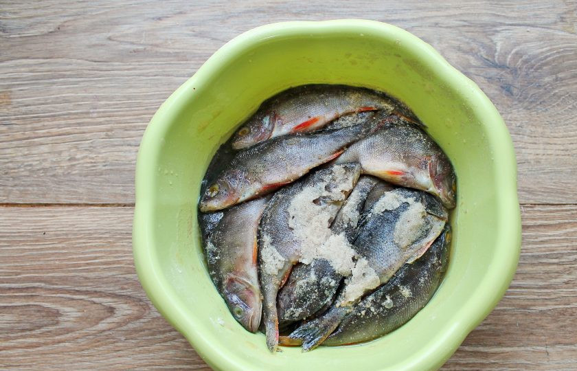 1. Этап. Таранка из окуня: Оставьте окунь солиться в течение 2 дней. Сливайте жидкость каждые 8 часов.