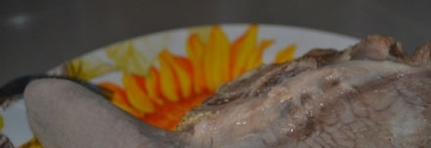 1. Этап. Язык заливной в мультиварке: 2. Готовый язык сполоснем под холодной водой, снимем верхнюю шкурку и нарежем кусочками. Желатин тем временем разводим, как написано на упаковке.