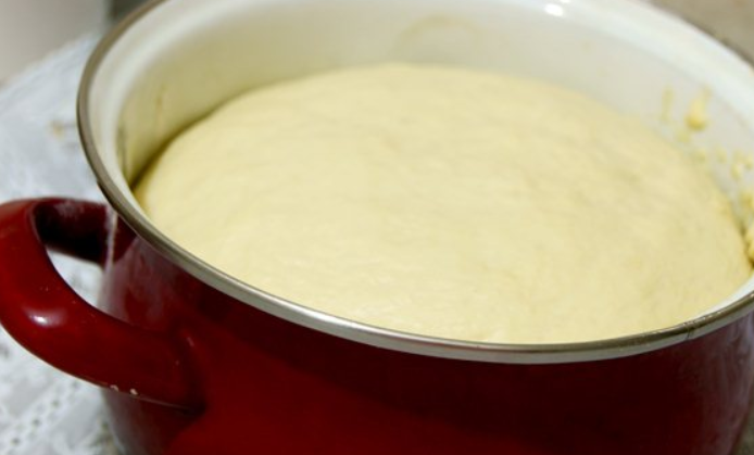 1. Этап. Булочки с кремом Патисьер: Тесто подошло. Теперь его нужно хорошенько обмять.