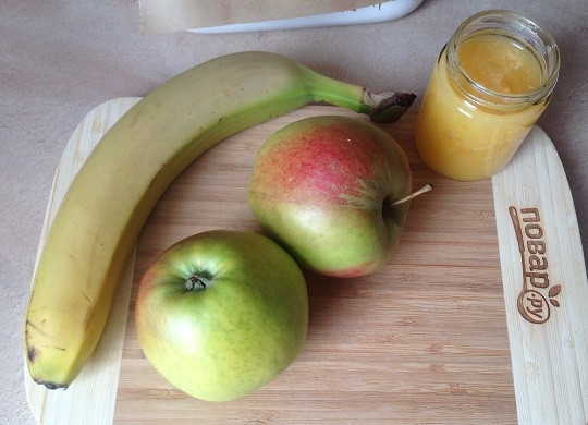 1. Этап. Яблоки, запеченные с джемом и бананом: 1. Вот и все, что нам понадобится для создания десерта.