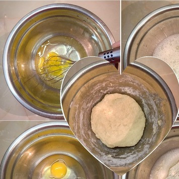 1. Этап. Пельмени рыбные из горбуши: Приготовить тесто: в миску вылить теплую воду, разбить в нее яйца, добавить соль и растительное масло. Перемешать до полного растворения соли. Постепенно всыпать просеянную муку и замесить тесто. Месить тесто около 10мин до эластичности (внутри не должно быть пузырей воздуха), затем отложить тесто на 30мин, чтобы клейковина разбухла.