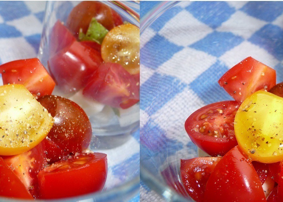 1. Stage. Avocado and tomato salad: Cut the tomatoes into halves. Place on top of the cheese. Pepper, lightly salt, add olive oil.