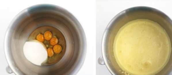 1. Этап. Булочки с творогом и изюмом: 4. Яйца соедините с оставшимся сахаром и взбейте.