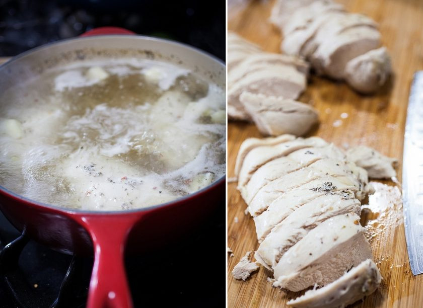 1. Этап. Кускус с курицей: Сначала отварим курицу до готовности. В воду добавим немного соли, тмина и перца. Остудите курочку и нарежьте кубиком. Бульон оставьте.