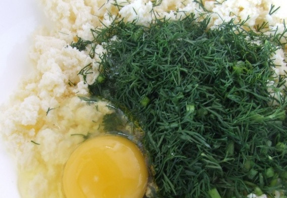 1. Этап. Вареники на кефире с творогом: Укроп промываем и измельчаем, выкладываем его в тарелку с творогом, добавляем яйцо, тщательно все перемешиваем.