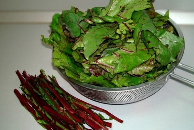 1. Этап. Осетинский пирог со свекольной ботвой: 4. Вымойте, просушите и порежьте мелко свекольную ботву и разомните руками. Мелко нарежьте зелень. Соедините ингредиенты.