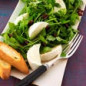 Mozzarella and Arugula Salad with Croutons and Black Olives