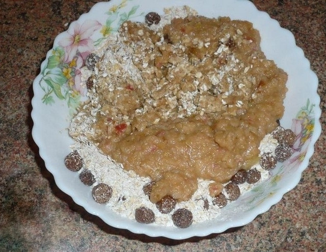 1. Этап. Овсяно-яблочное печенье: 4. Соедините яблочное пюре и смесь сухих компонентов. Вымешайте однородное тесто. Получится оно мягким и липким.